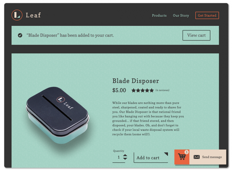 View of Leaf Shave's website after adding item to cart.